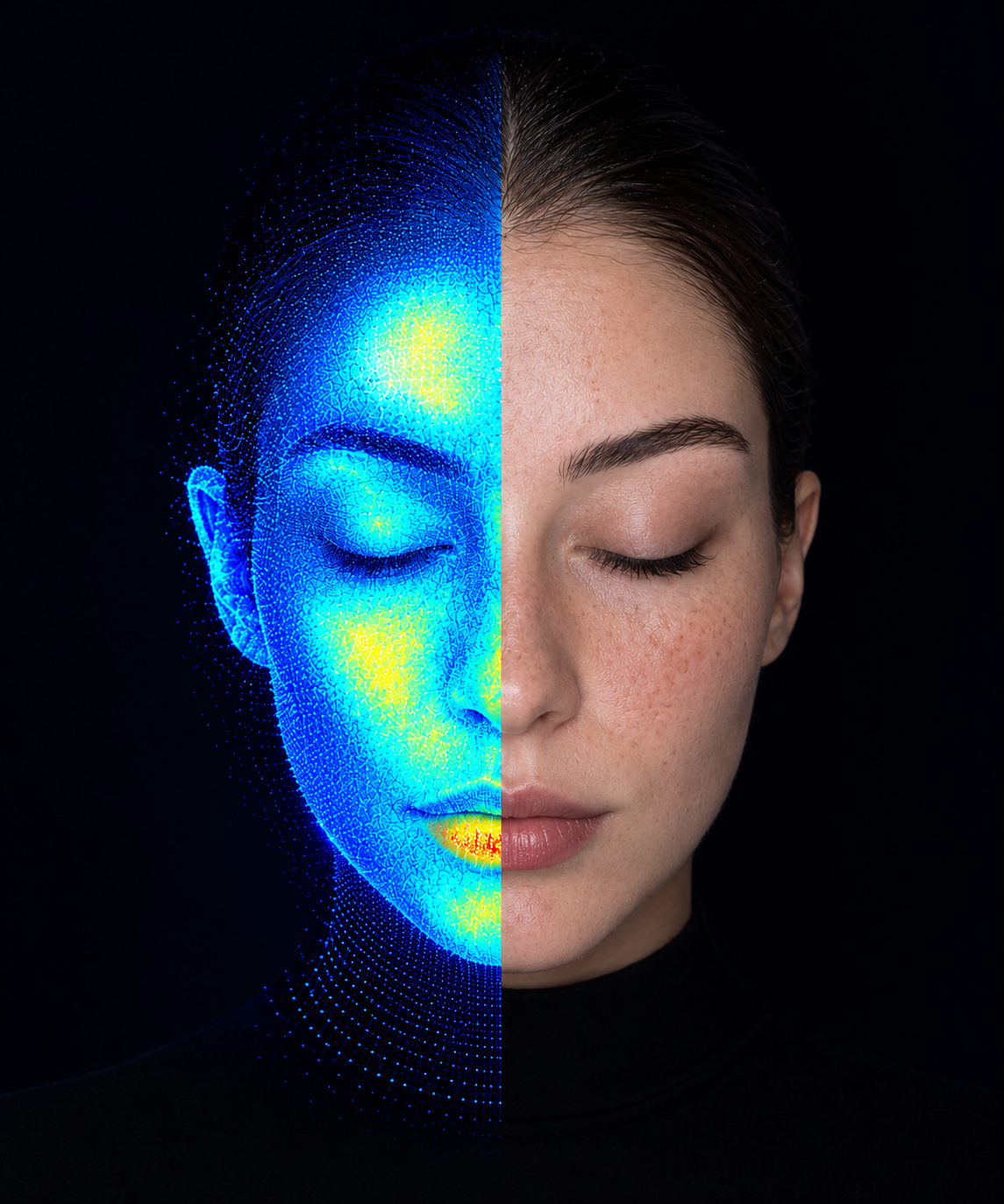 Rostro con media cara en mapa de calor, como en un análisis facial multiespectral